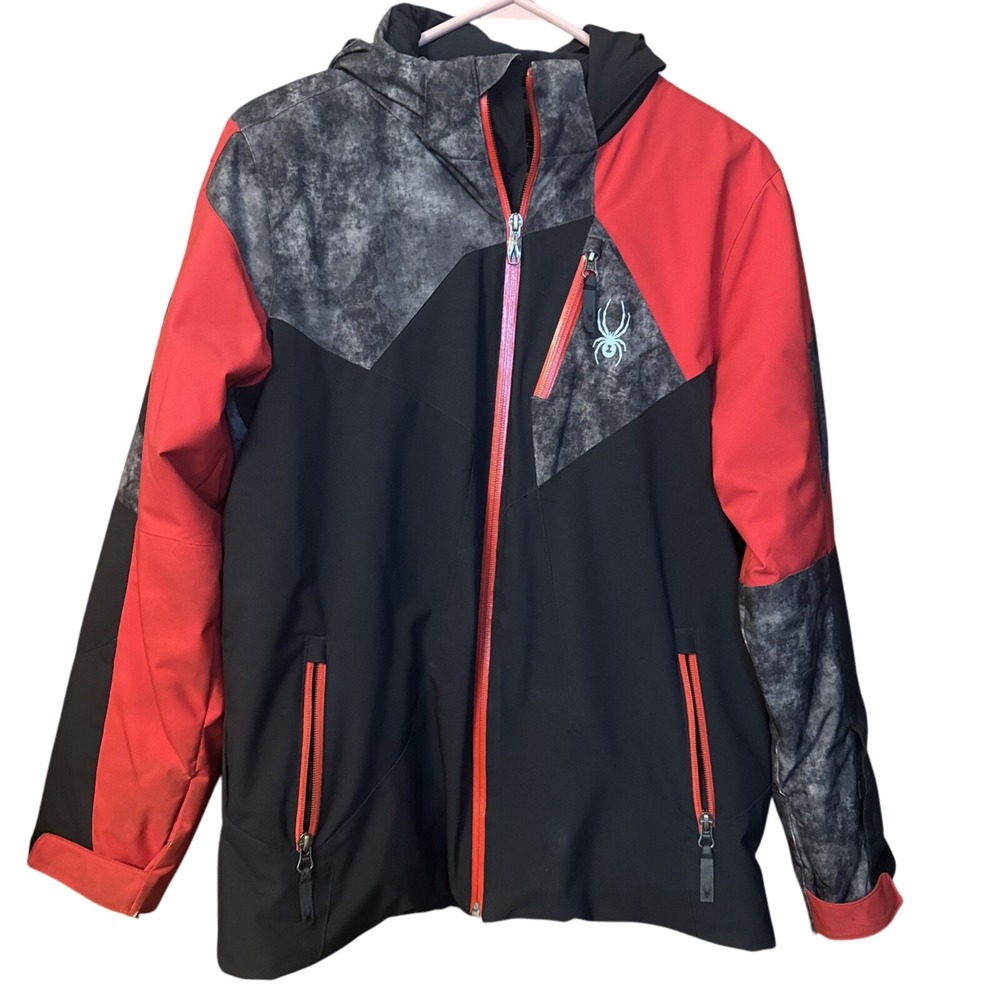 Spyder Boys Ski Jacket Size 18 Red Black Hooded Waterproof‎ Snow Coat Youth